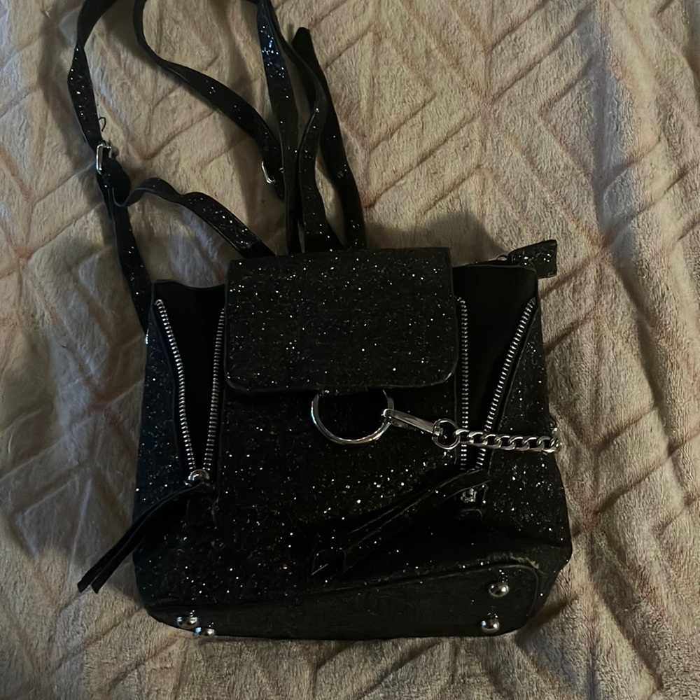 BLACK GLITTER CONVERTIBLE MINI BAG WITH CHAINS